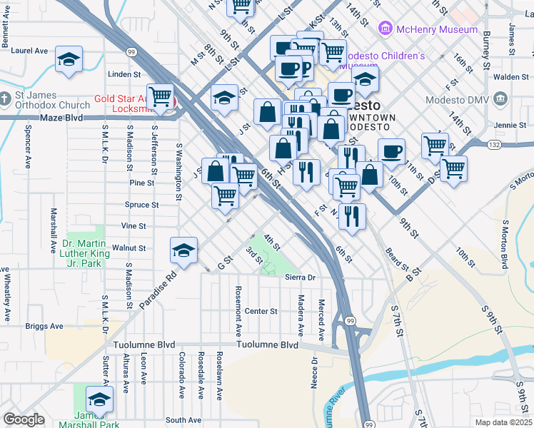 map of restaurants, bars, coffee shops, grocery stores, and more near 410 G Street in Modesto