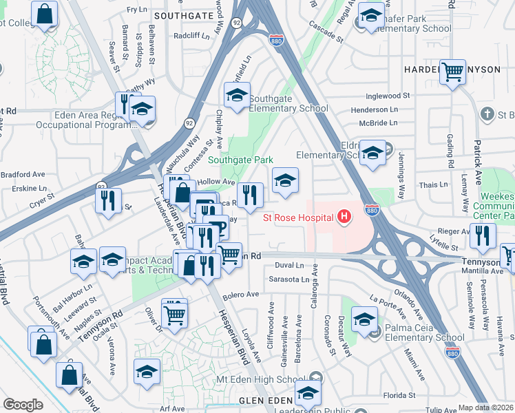 map of restaurants, bars, coffee shops, grocery stores, and more near 1966 Boca Raton Street in Hayward