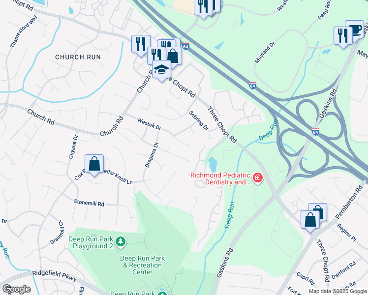 map of restaurants, bars, coffee shops, grocery stores, and more near 10807 Westek Drive in Henrico