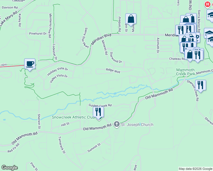 map of restaurants, bars, coffee shops, grocery stores, and more near Fascination in Mammoth Lakes