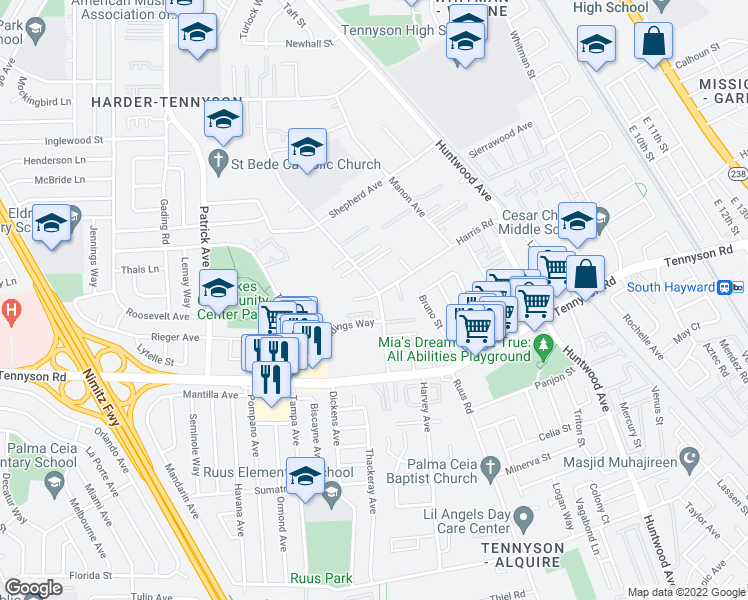 map of restaurants, bars, coffee shops, grocery stores, and more near 977 Glad Tidings Way in Hayward