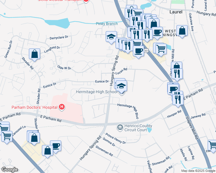 map of restaurants, bars, coffee shops, grocery stores, and more near 8508 Hungary Spring Road in Richmond