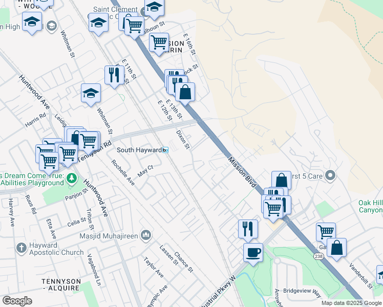 map of restaurants, bars, coffee shops, grocery stores, and more near 28850 Dixon Street in Hayward