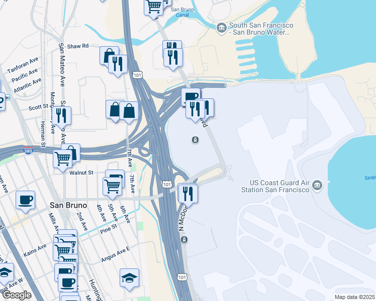 map of restaurants, bars, coffee shops, grocery stores, and more near 806 South Airport Boulevard in San Francisco