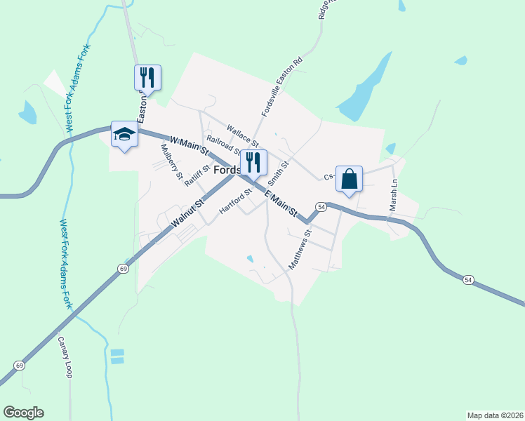 map of restaurants, bars, coffee shops, grocery stores, and more near 27 Linde Street in Fordsville