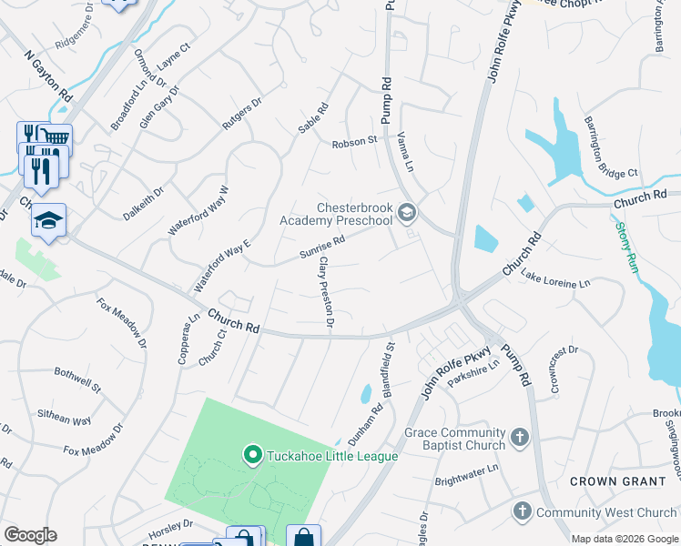map of restaurants, bars, coffee shops, grocery stores, and more near 2633 Clary Preston Drive in Richmond