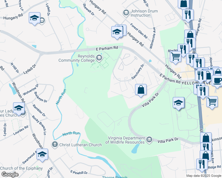 map of restaurants, bars, coffee shops, grocery stores, and more near 1650 Darracott Road in Richmond
