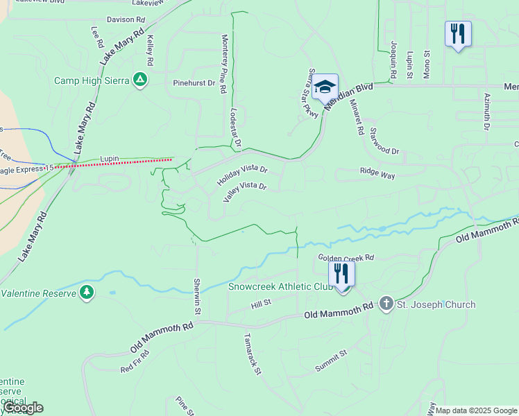 map of restaurants, bars, coffee shops, grocery stores, and more near 571 Majestic Pines Drive in Mammoth Lakes