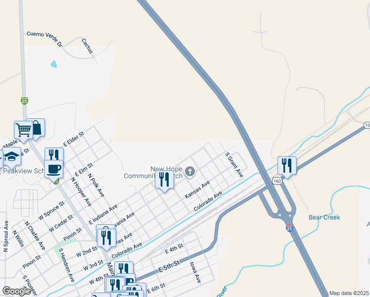 map of restaurants, bars, coffee shops, grocery stores, and more near 900 Indiana Avenue in Walsenburg