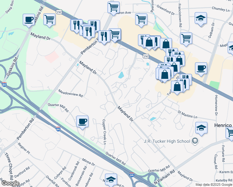 map of restaurants, bars, coffee shops, grocery stores, and more near 3301 Coppermill Trace in Henrico