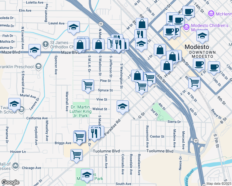 map of restaurants, bars, coffee shops, grocery stores, and more near 108 Vine Street in Modesto