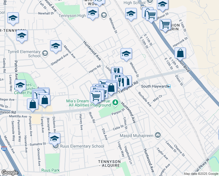 map of restaurants, bars, coffee shops, grocery stores, and more near in Hayward