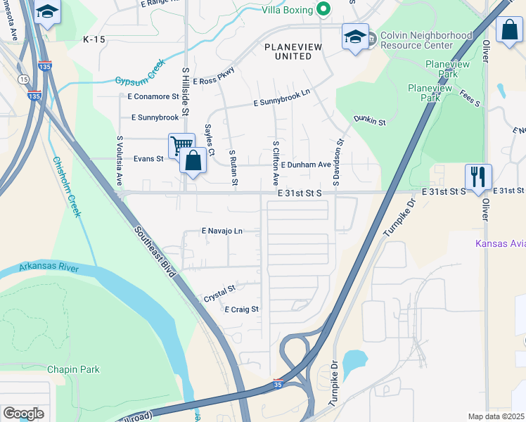 map of restaurants, bars, coffee shops, grocery stores, and more near 3253 South Clifton Avenue in Wichita