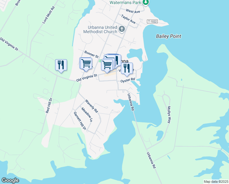 map of restaurants, bars, coffee shops, grocery stores, and more near 220 Watling Street in Urbanna