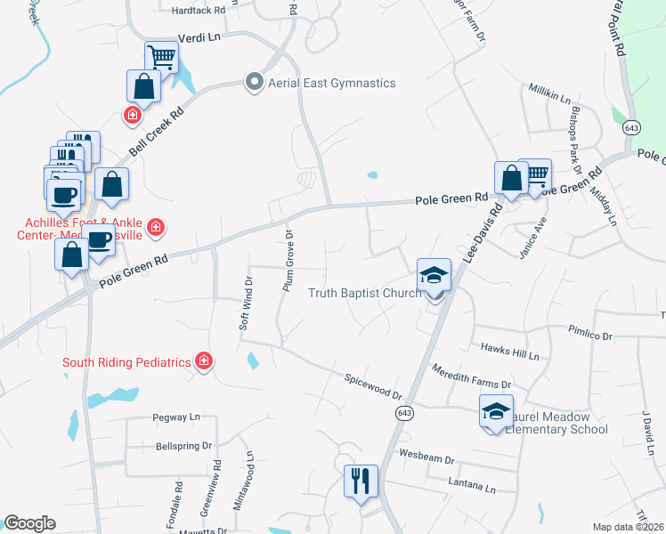 map of restaurants, bars, coffee shops, grocery stores, and more near 8302 Mendenhall Place in Mechanicsville