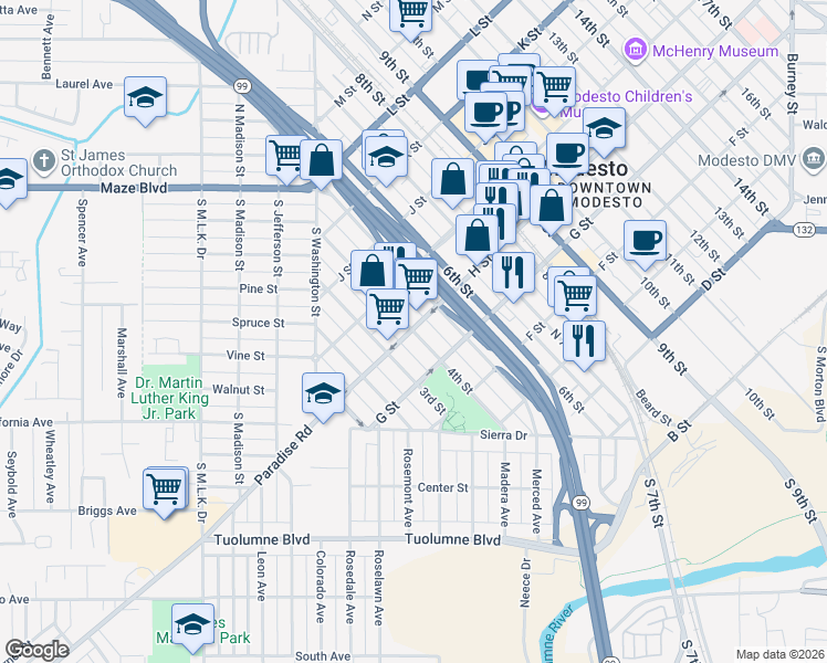 map of restaurants, bars, coffee shops, grocery stores, and more near 398 H Street in Modesto