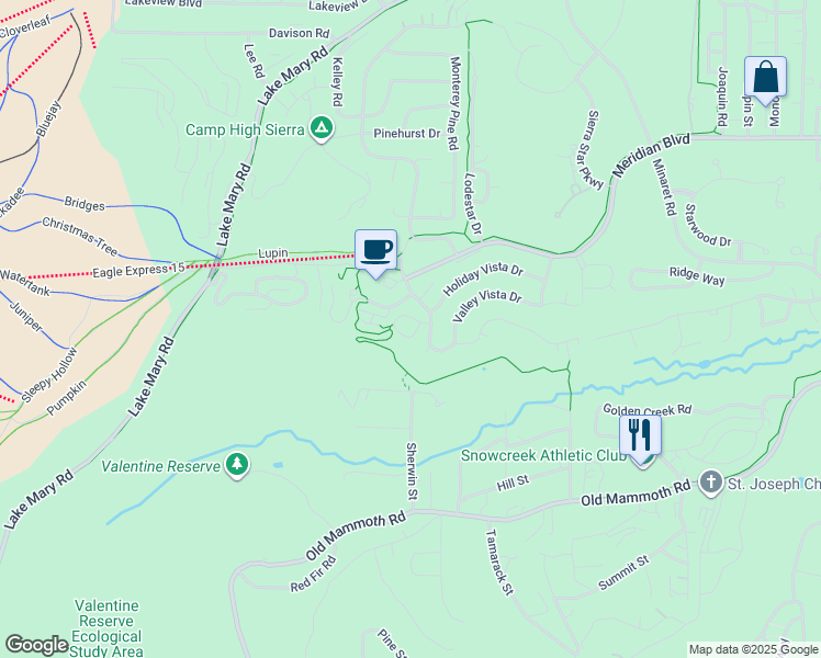 map of restaurants, bars, coffee shops, grocery stores, and more near 841 Majestic Pines Court in Mammoth Lakes