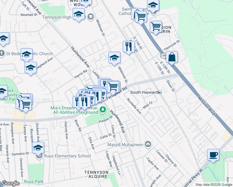 map of restaurants, bars, coffee shops, grocery stores, and more near 27 West Tennyson Road in Hayward
