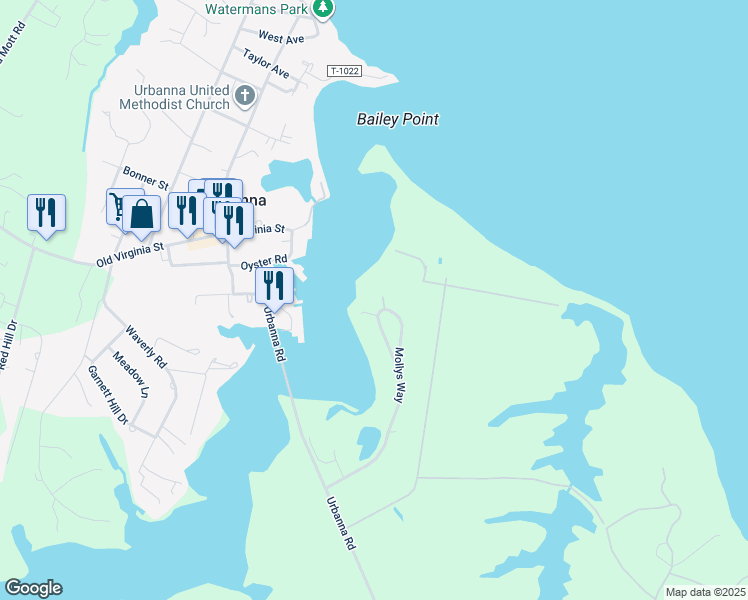 map of restaurants, bars, coffee shops, grocery stores, and more near 517 Mollys Way in Urbanna