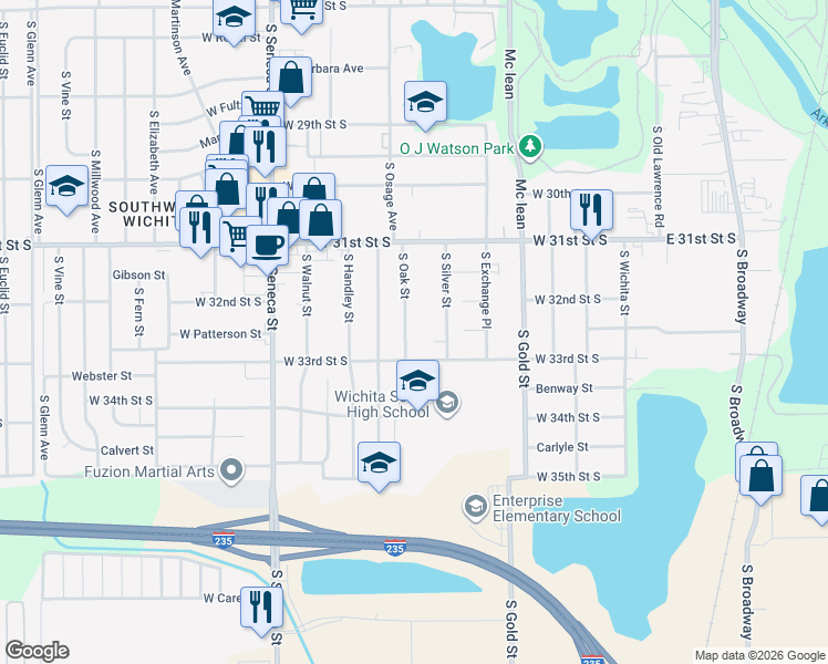 map of restaurants, bars, coffee shops, grocery stores, and more near 3310 South Oak Street in Wichita