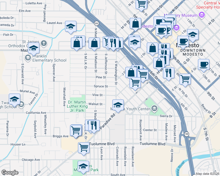 map of restaurants, bars, coffee shops, grocery stores, and more near 105 Pine Street in Modesto