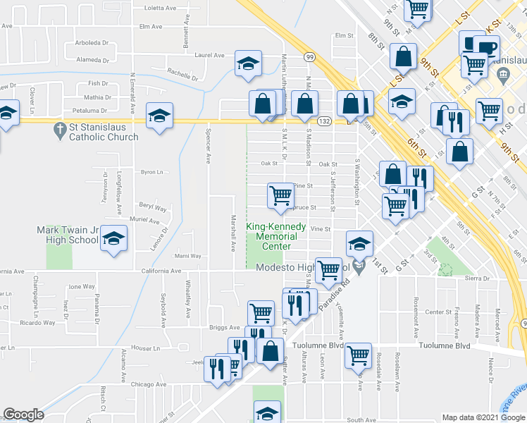 map of restaurants, bars, coffee shops, grocery stores, and more near 408 Spruce Street in Modesto