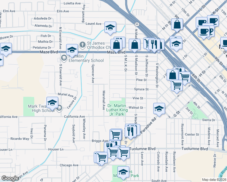 map of restaurants, bars, coffee shops, grocery stores, and more near 432 Spruce Street in Modesto