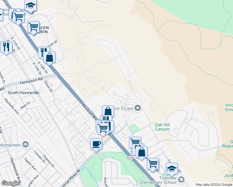 map of restaurants, bars, coffee shops, grocery stores, and more near 874 Overhill Drive in Hayward
