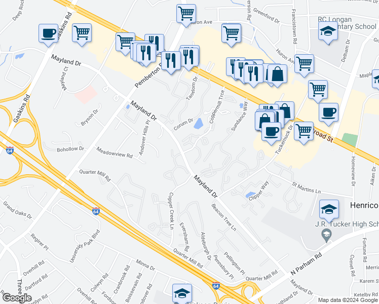 map of restaurants, bars, coffee shops, grocery stores, and more near 9400 Windy Cove Court in Henrico