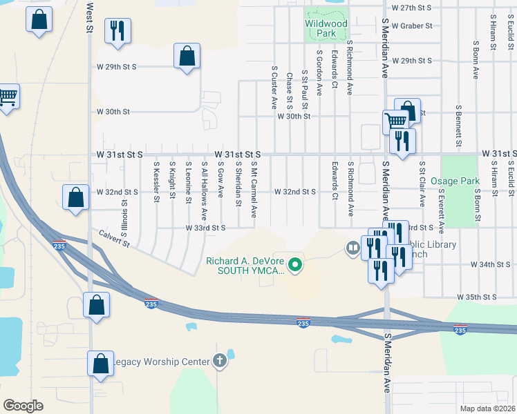 map of restaurants, bars, coffee shops, grocery stores, and more near 3101-3117 W 32nd St S in Wichita