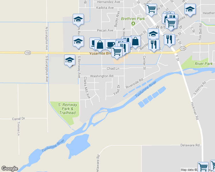 map of restaurants, bars, coffee shops, grocery stores, and more near Paaga Lane in Waterford