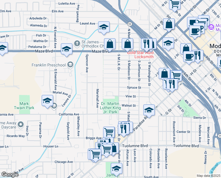 map of restaurants, bars, coffee shops, grocery stores, and more near 423 Spruce Street in Modesto