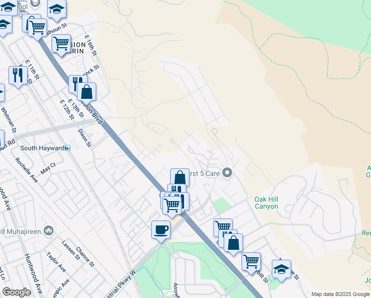 map of restaurants, bars, coffee shops, grocery stores, and more near 665 Dartmore Lane in Hayward
