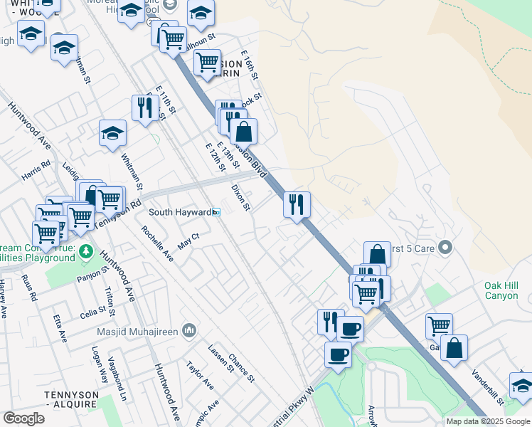 map of restaurants, bars, coffee shops, grocery stores, and more near 28850 Dixon Street in Hayward