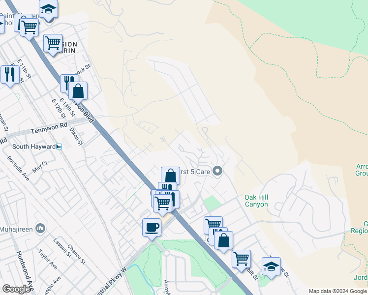 map of restaurants, bars, coffee shops, grocery stores, and more near 680 Dartmore Lane in Hayward