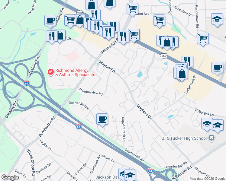 map of restaurants, bars, coffee shops, grocery stores, and more near 9532 Pine Trails Court in Richmond