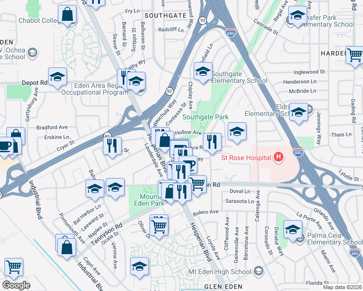 map of restaurants, bars, coffee shops, grocery stores, and more near 2118 Sleepy Hollow Avenue in Hayward