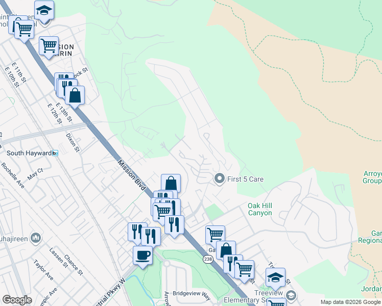 map of restaurants, bars, coffee shops, grocery stores, and more near 874 Overhill Drive in Hayward