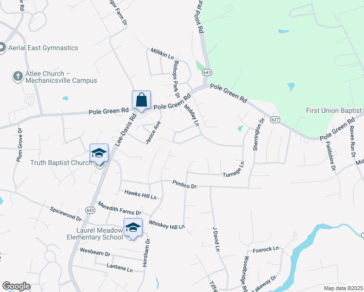 map of restaurants, bars, coffee shops, grocery stores, and more near 6523 Legacy Park Drive in Mechanicsville