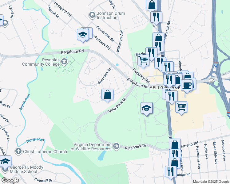 map of restaurants, bars, coffee shops, grocery stores, and more near 1529 Front Royal Drive in Richmond