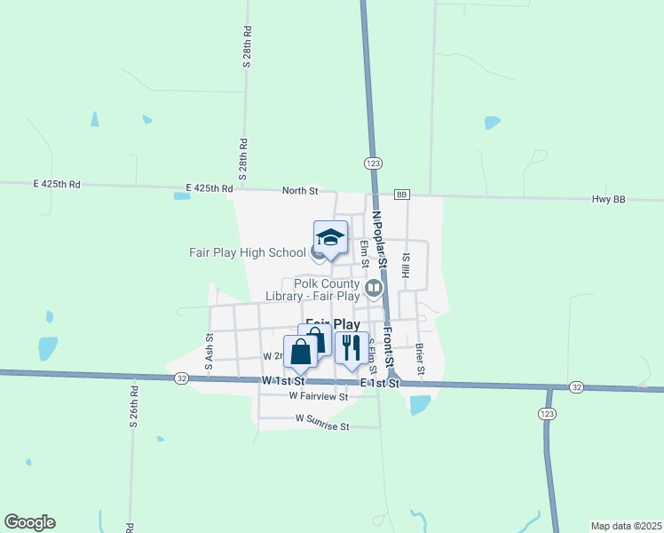 map of restaurants, bars, coffee shops, grocery stores, and more near 301 North Walnut Street in Fair Play
