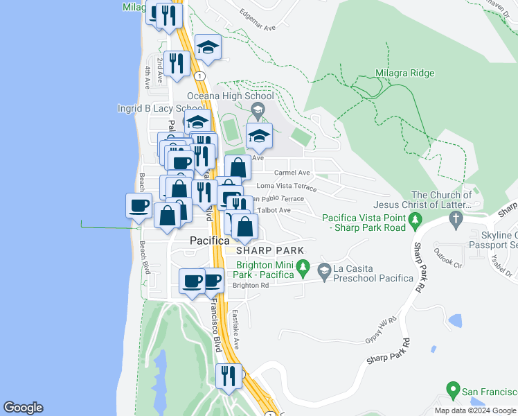 map of restaurants, bars, coffee shops, grocery stores, and more near 343 San Pablo Terrace in Pacifica