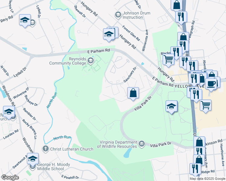 map of restaurants, bars, coffee shops, grocery stores, and more near 1500 Skirmish Run Court in Henrico
