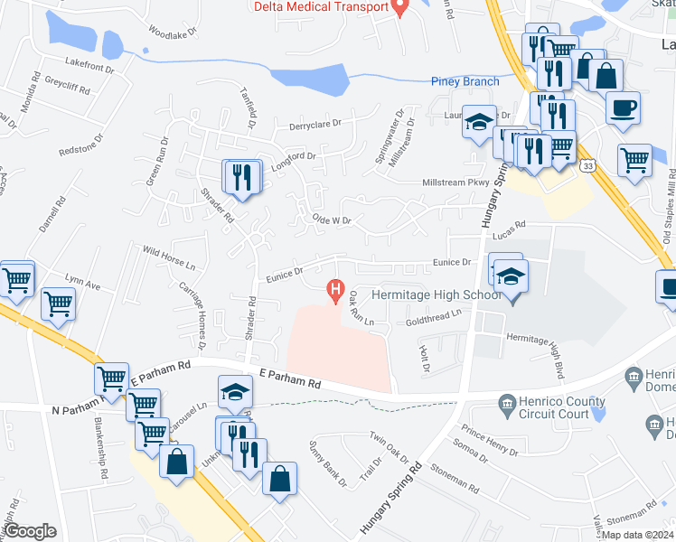 map of restaurants, bars, coffee shops, grocery stores, and more near 5618 Eunice Drive in Richmond