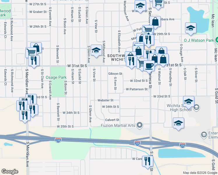 map of restaurants, bars, coffee shops, grocery stores, and more near 3301 South Millwood Avenue in Wichita