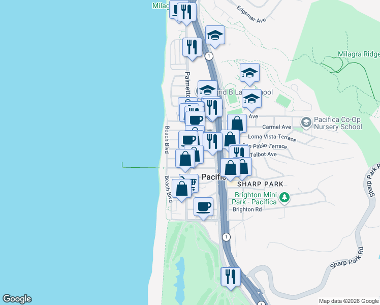 map of restaurants, bars, coffee shops, grocery stores, and more near 36 Santa Maria Avenue in Pacifica