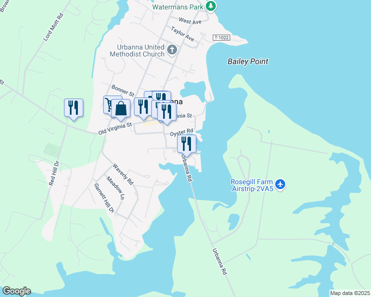 map of restaurants, bars, coffee shops, grocery stores, and more near 61 Watling Street in Urbanna