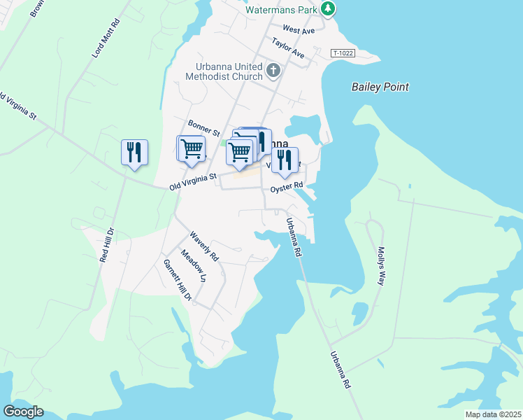 map of restaurants, bars, coffee shops, grocery stores, and more near 240 Watling Street in Urbanna