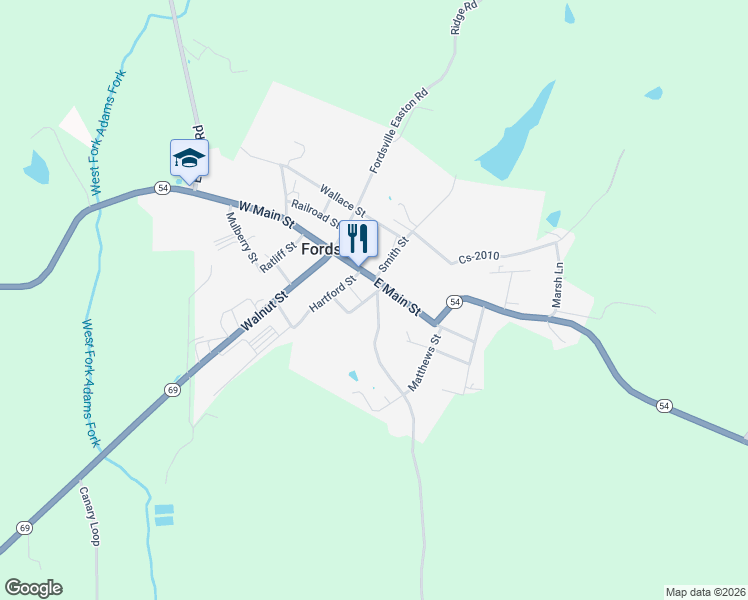 map of restaurants, bars, coffee shops, grocery stores, and more near 55-73 Hartford St in Fordsville