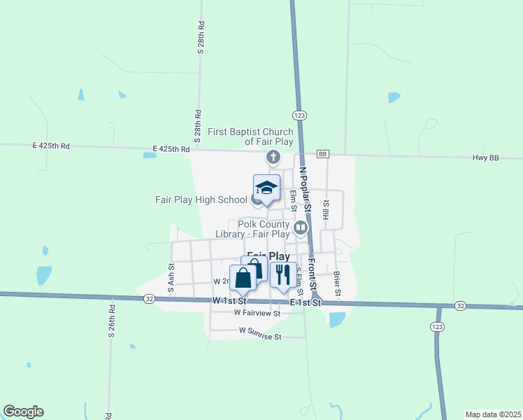 map of restaurants, bars, coffee shops, grocery stores, and more near 301 North Walnut Street in Fair Play
